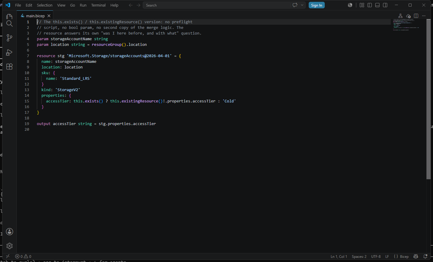 VS Code editor showing the this.exists() and this.existingResource() Bicep syntax with syntax highlighting on Bicep CLI 0.45.15