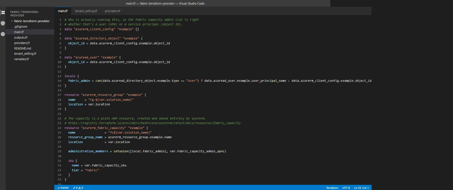 VS Code showing the lab's main.tf declaring the resource group, azurerm_fabric_capacity, fabric_capacity data source, and fabric_workspace