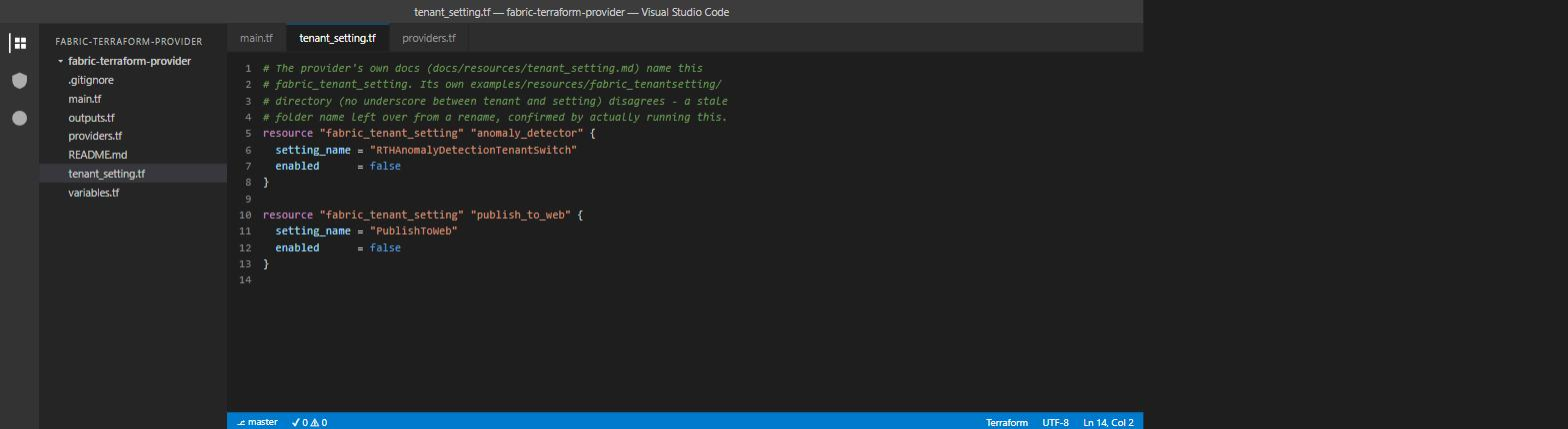 VS Code showing the lab's tenant_setting.tf declaring the two fabric_tenant_setting resources